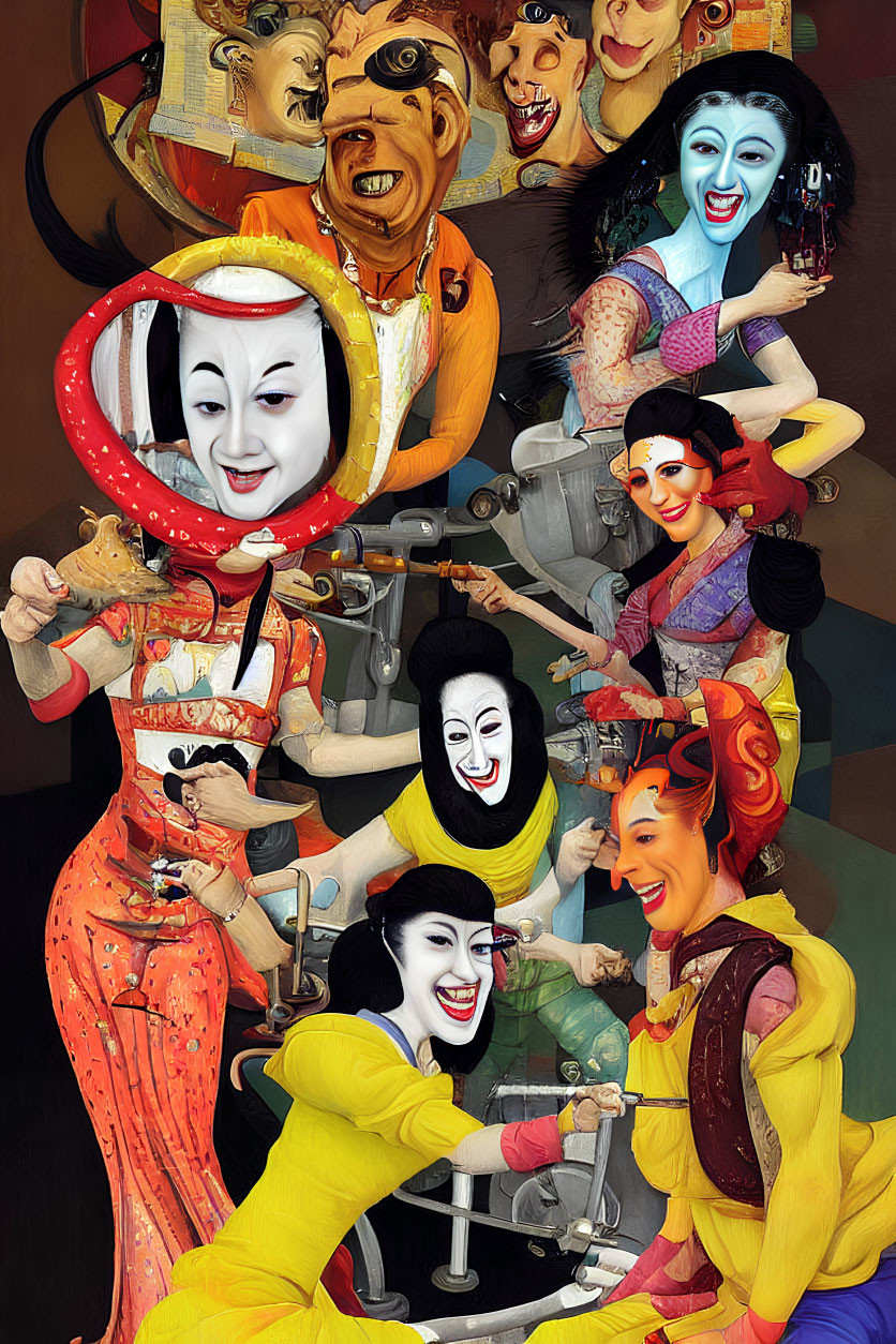 Colorful surrealistic artwork with multiple figures in theatrical masks against abstract background