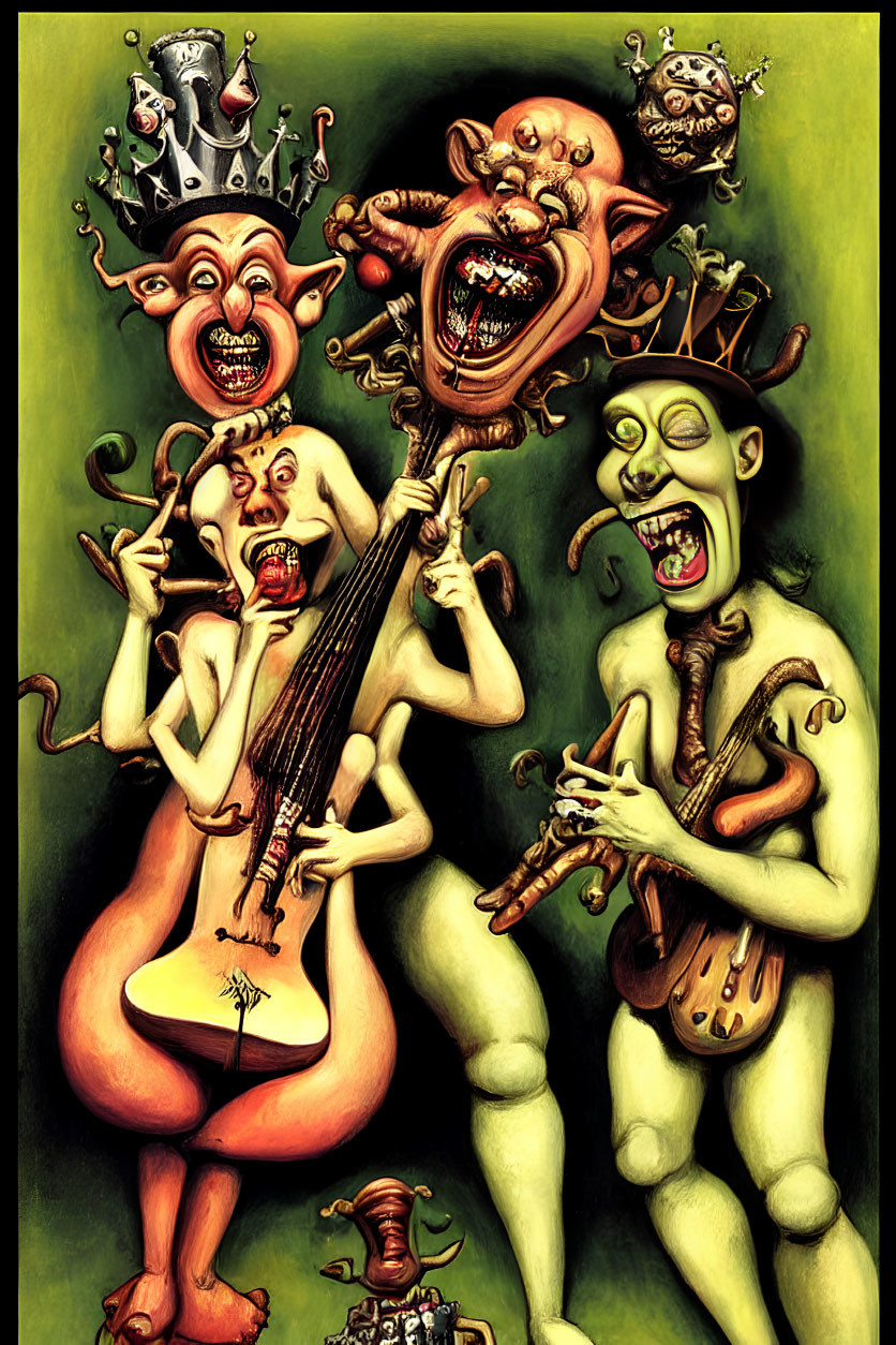 Surreal illustration of grotesque figures playing instruments