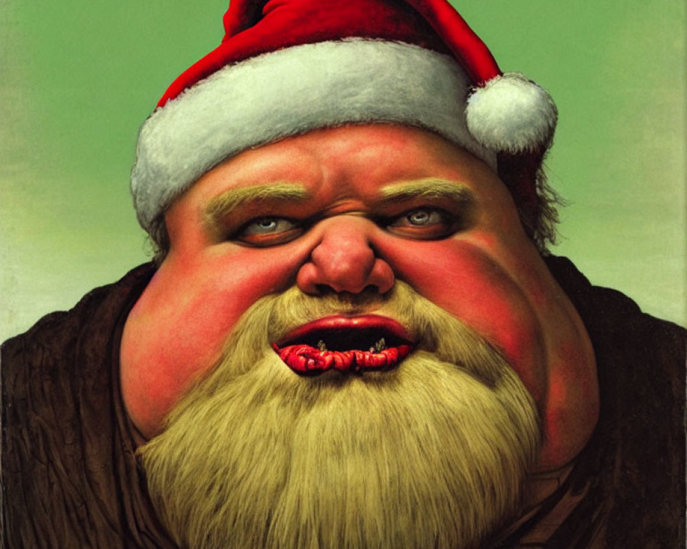 Malevolent Santa Claus Figure with Twisted Expression and Sharp Teeth