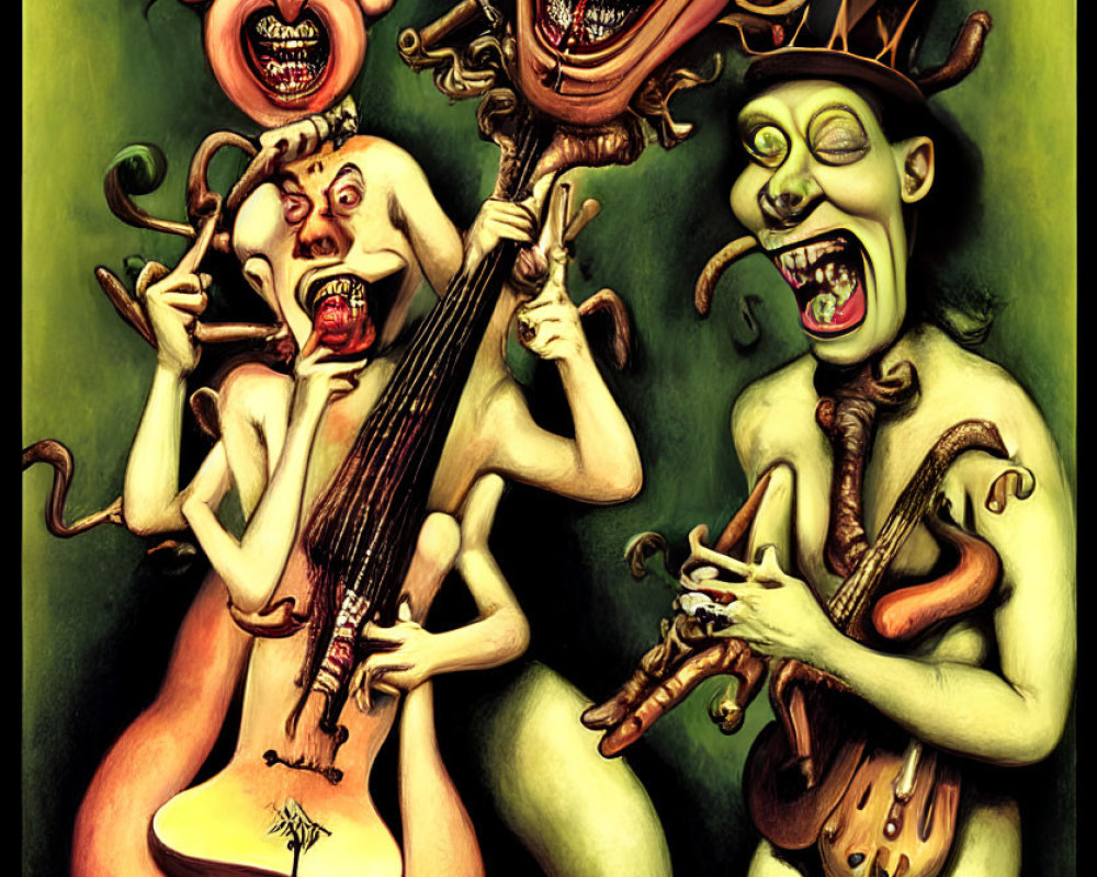 Surreal illustration of grotesque figures playing instruments