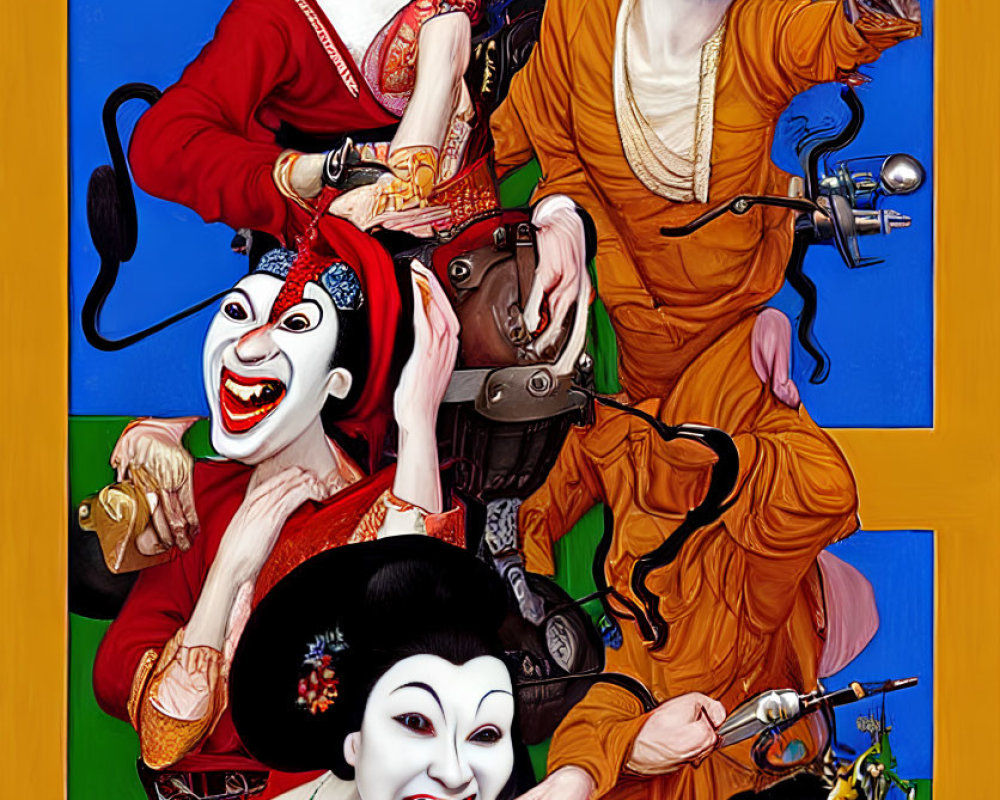 Vibrant Asian-themed caricature art with expressive figures in musical scene