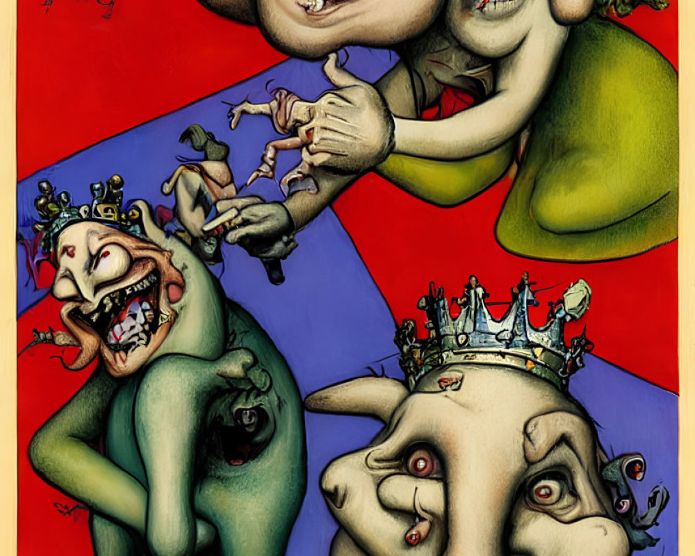 Surreal illustration: Four grotesque faces with crowns on colorful backgrounds
