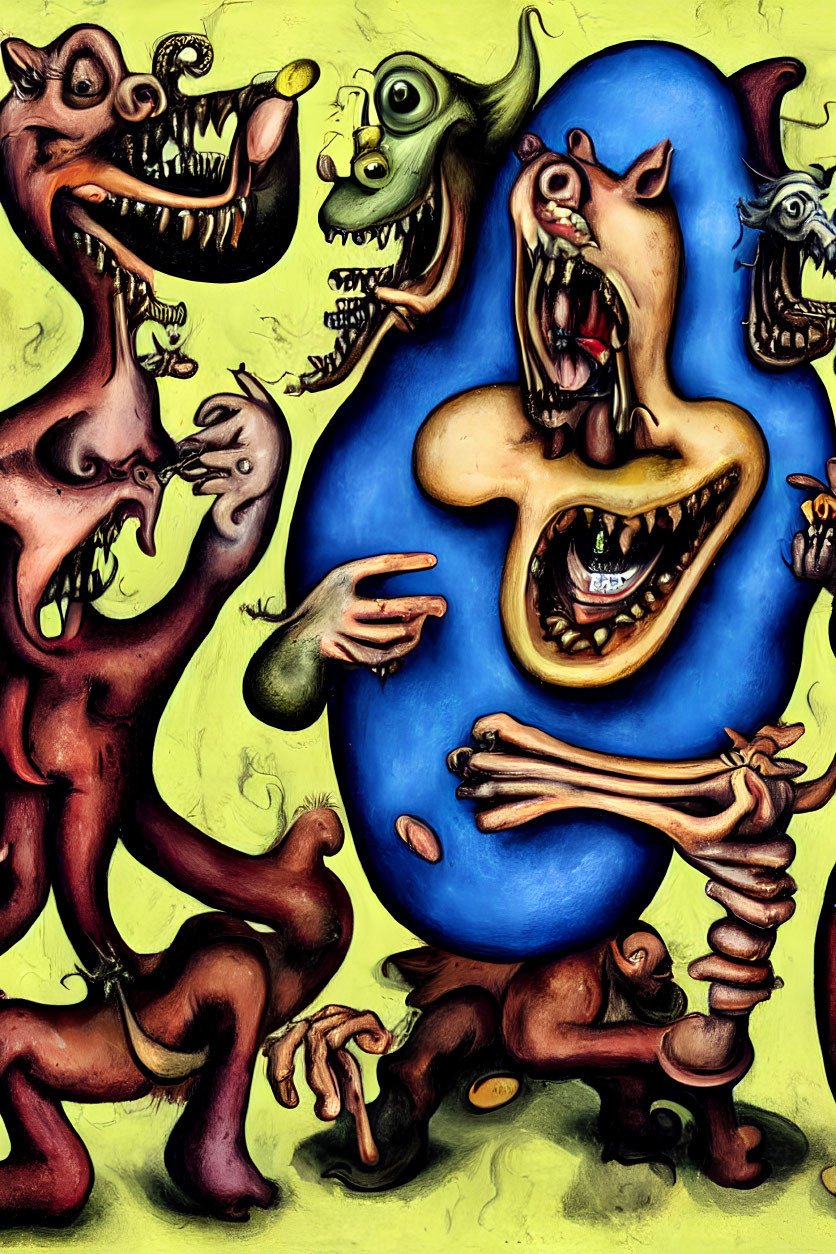 Colorful painting of exaggerated cartoonish creatures in chaotic scene
