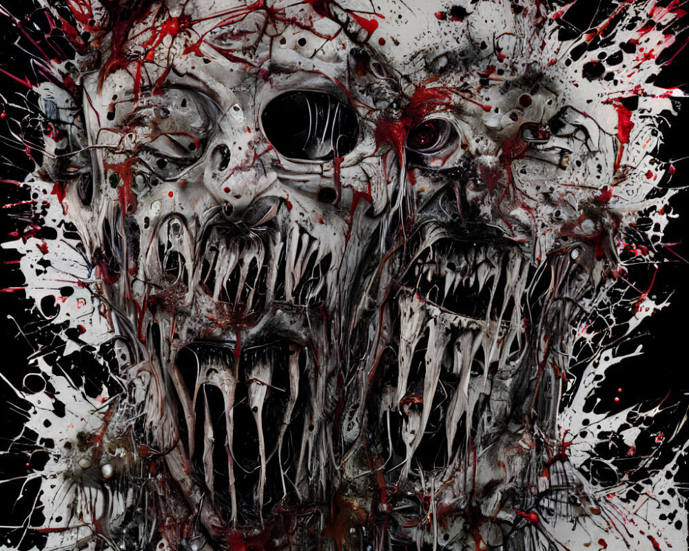 Abstract macabre art piece: Distorted faces, gaping mouths, red splatters on dark background