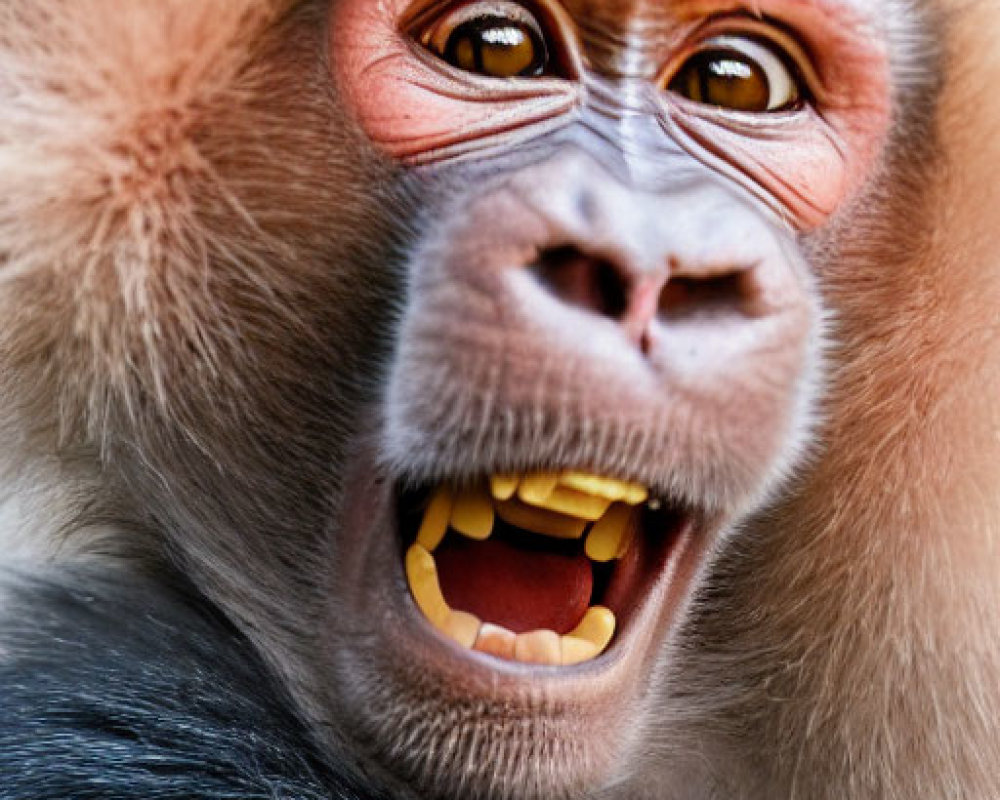 Detailed Baboon Portrait with Open Mouth and Teeth on Blurry Background