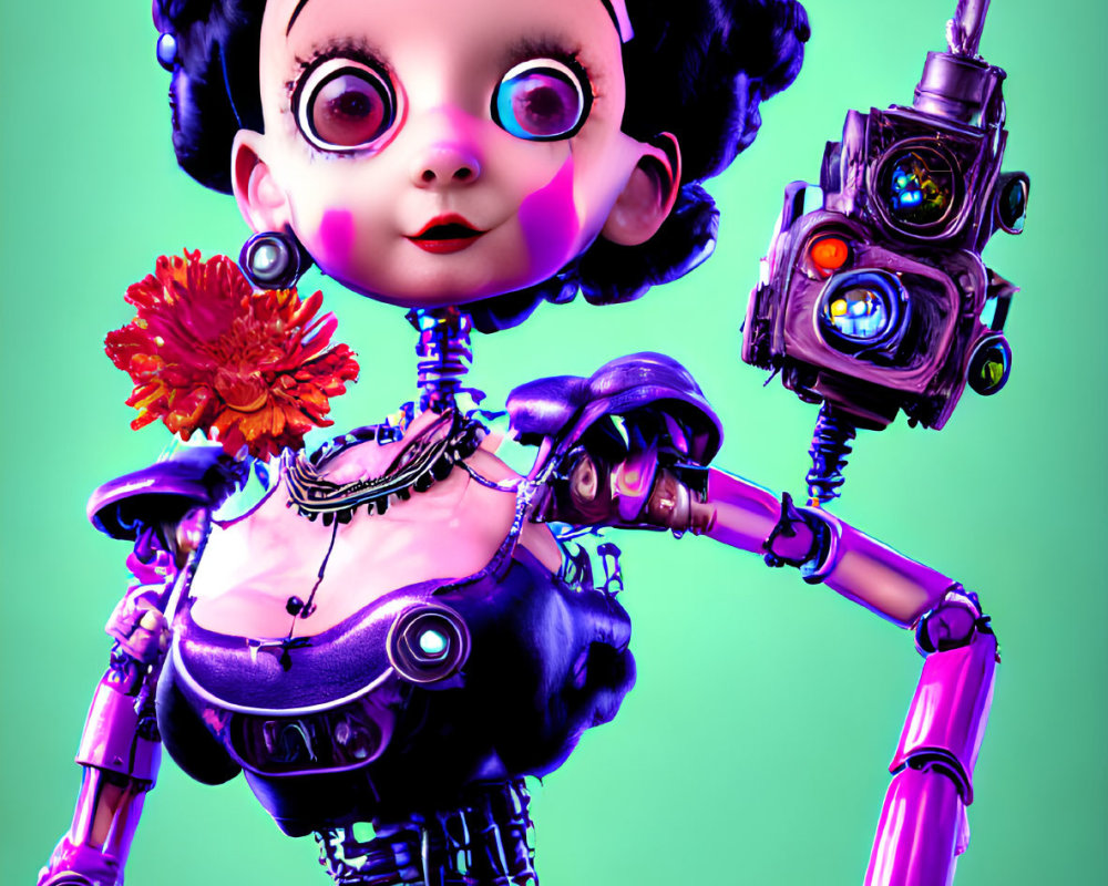Colorful Robot with Feminine Features and Flower on Green Background
