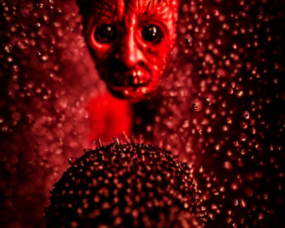 Eerie red-lit scene with horned figure reflection on textured surface