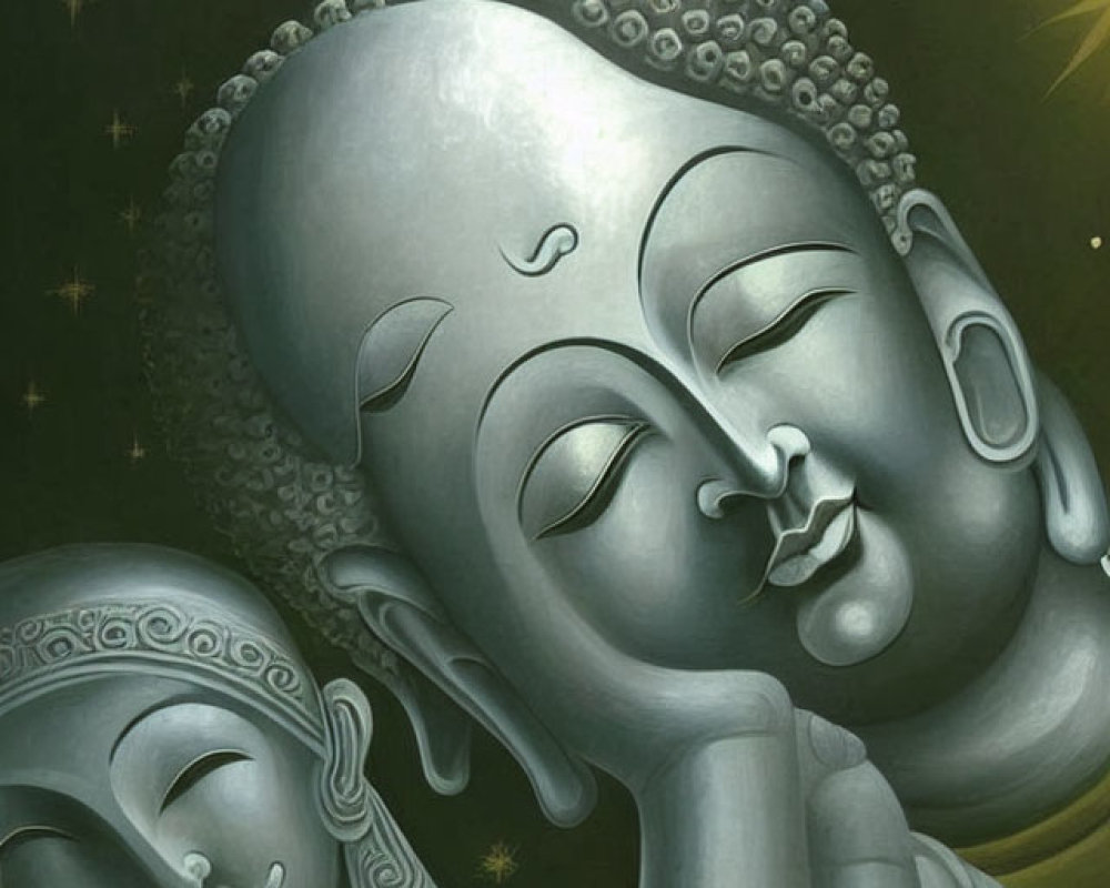 Dual serene Buddha-like faces in meditative pose on starry night backdrop