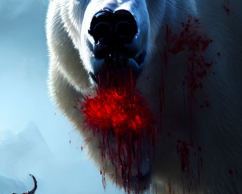 Digital illustration: Polar bear with bloody mouth in icy landscape