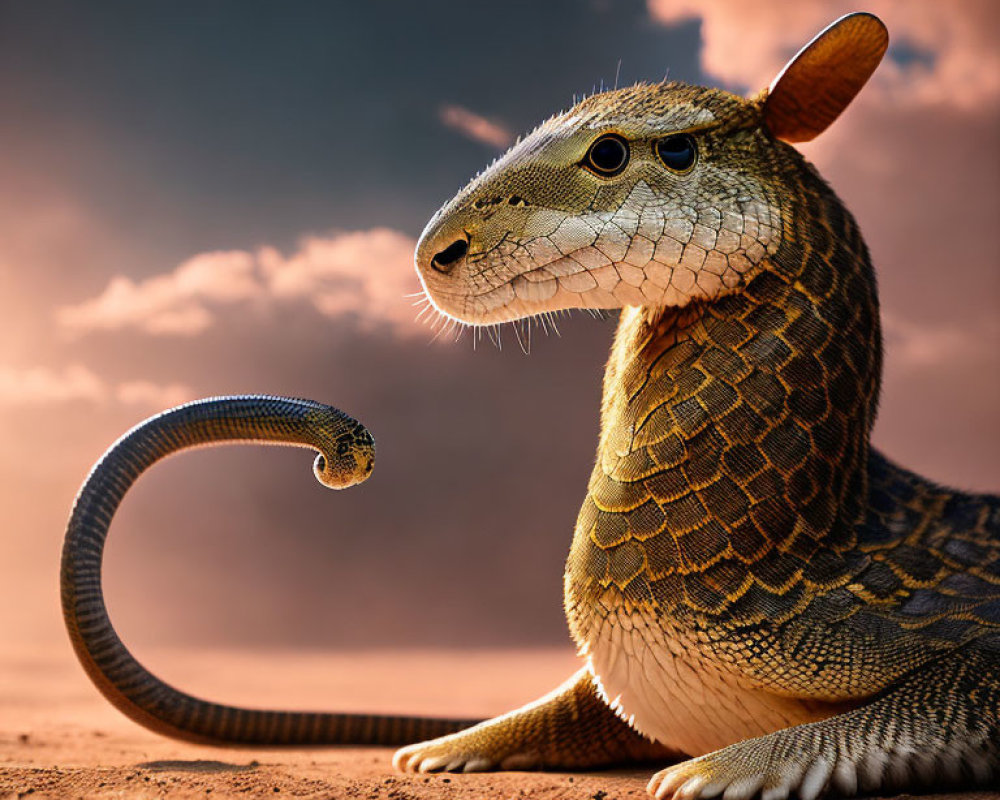 Surreal capybara-headed creature with snake body in desert landscape