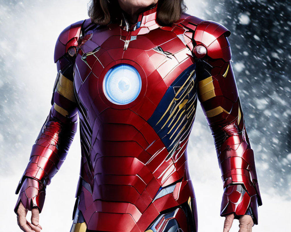 Detailed Iron Man costume with red and gold armor and glowing blue arc reactor in snowy setting.