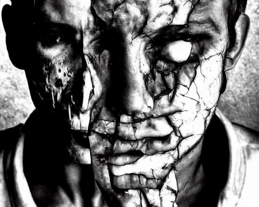 Monochrome portrait with cracked porcelain face for a surreal effect