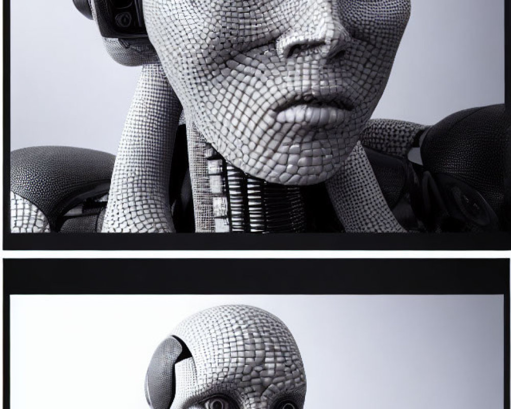 Grayscale humanoid robot with textured skin and visible mechanical parts.