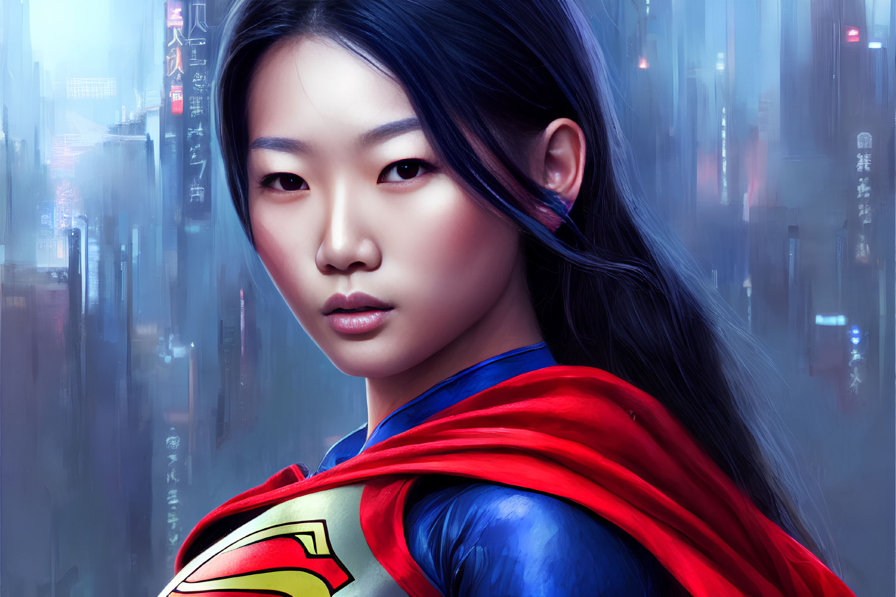 Digital artwork: Asian woman as Supergirl in futuristic cityscape