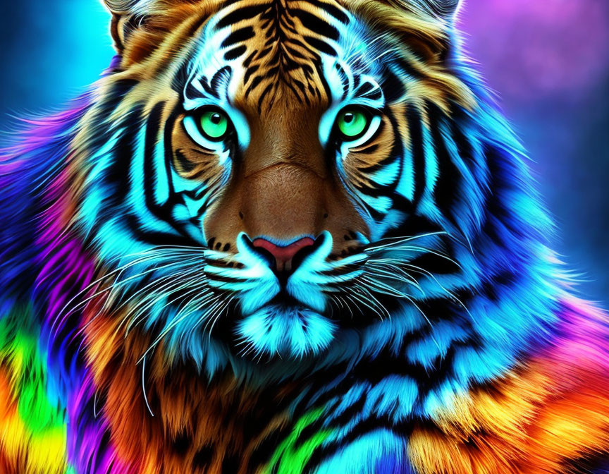 Colorful Digital Art: Tiger with Intense Blue Eyes and Vibrant Fur