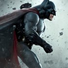 Superhero in Batman costume with Superman emblem, cape flowing, bats, and cityscape.