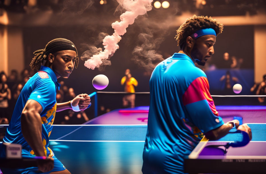 Intense Table Tennis Match with Dramatic Lighting and Smoke