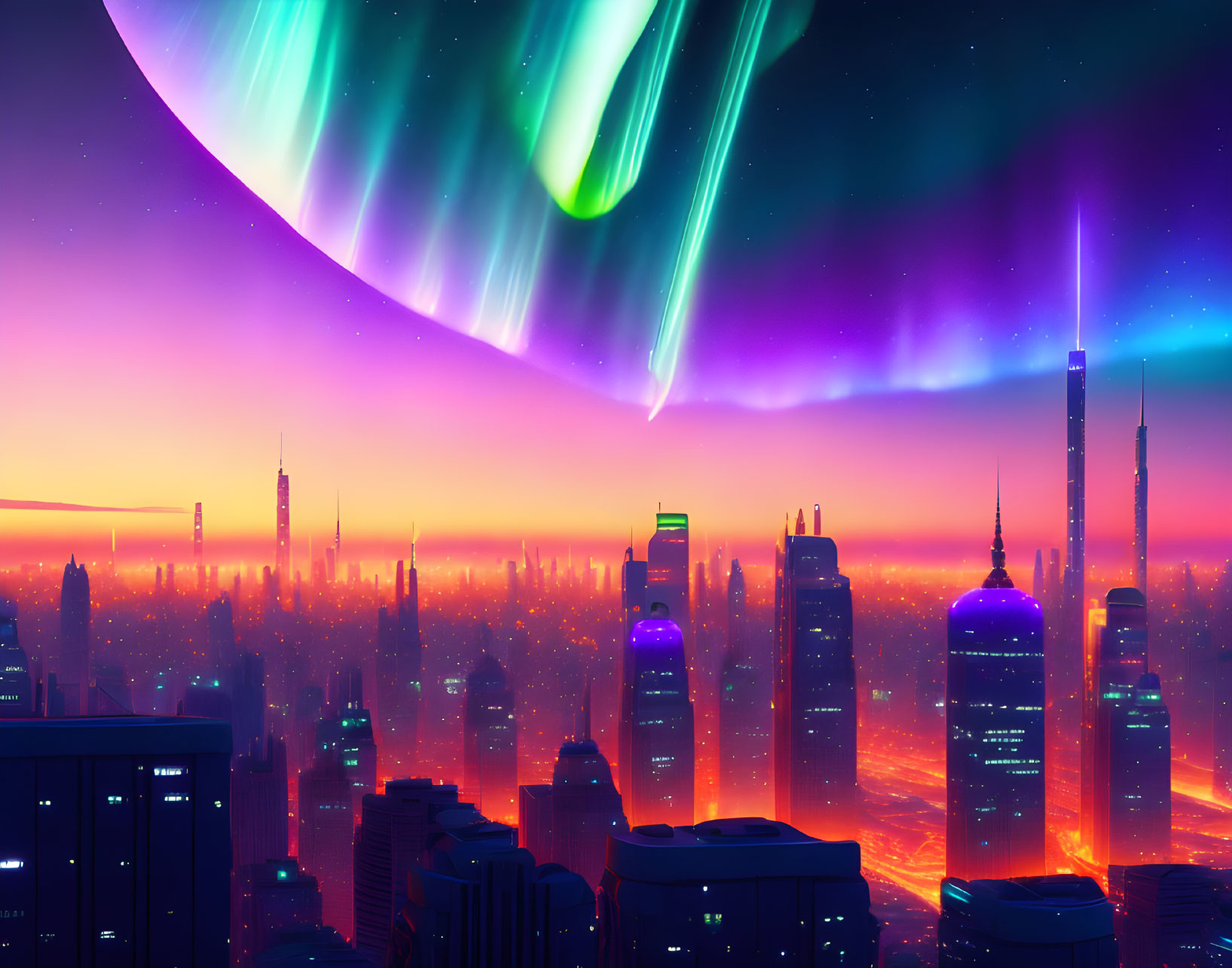Futuristic cityscape at dusk with towering skyscrapers and giant planet.