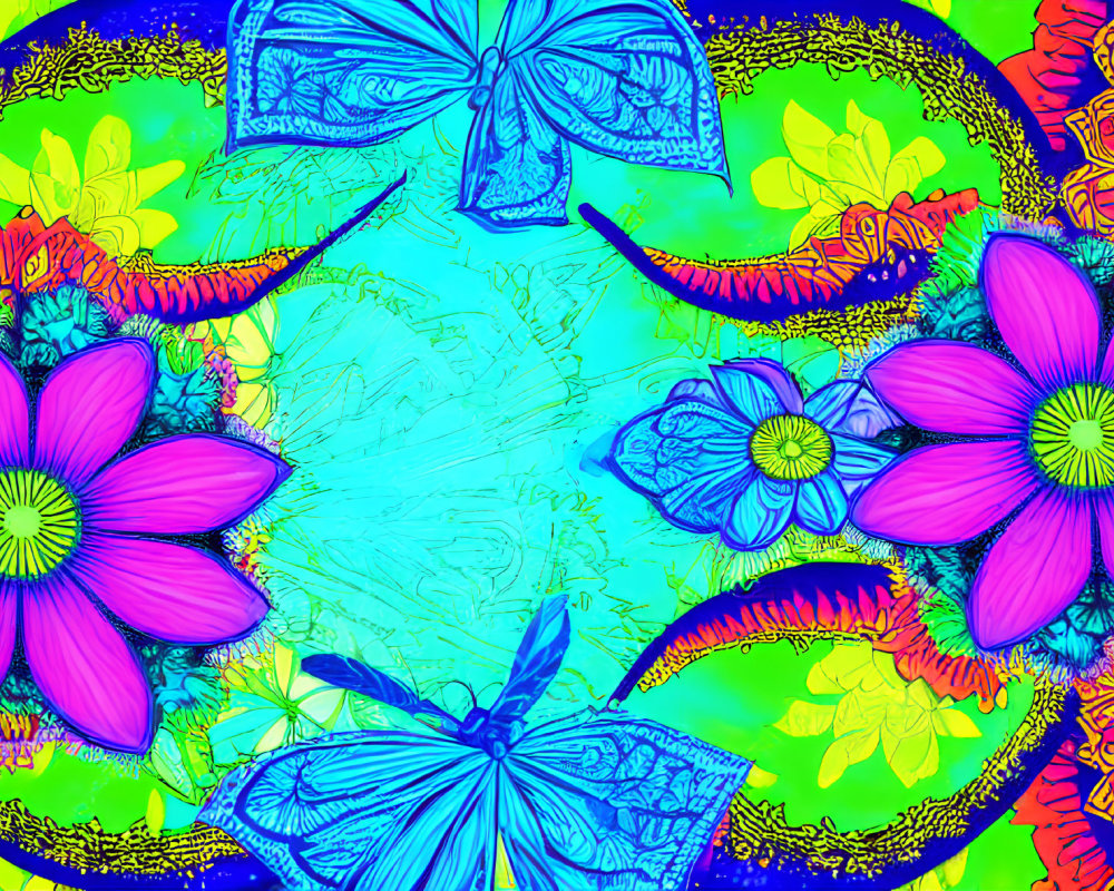 Colorful psychedelic image with flowers, butterflies, and intricate patterns