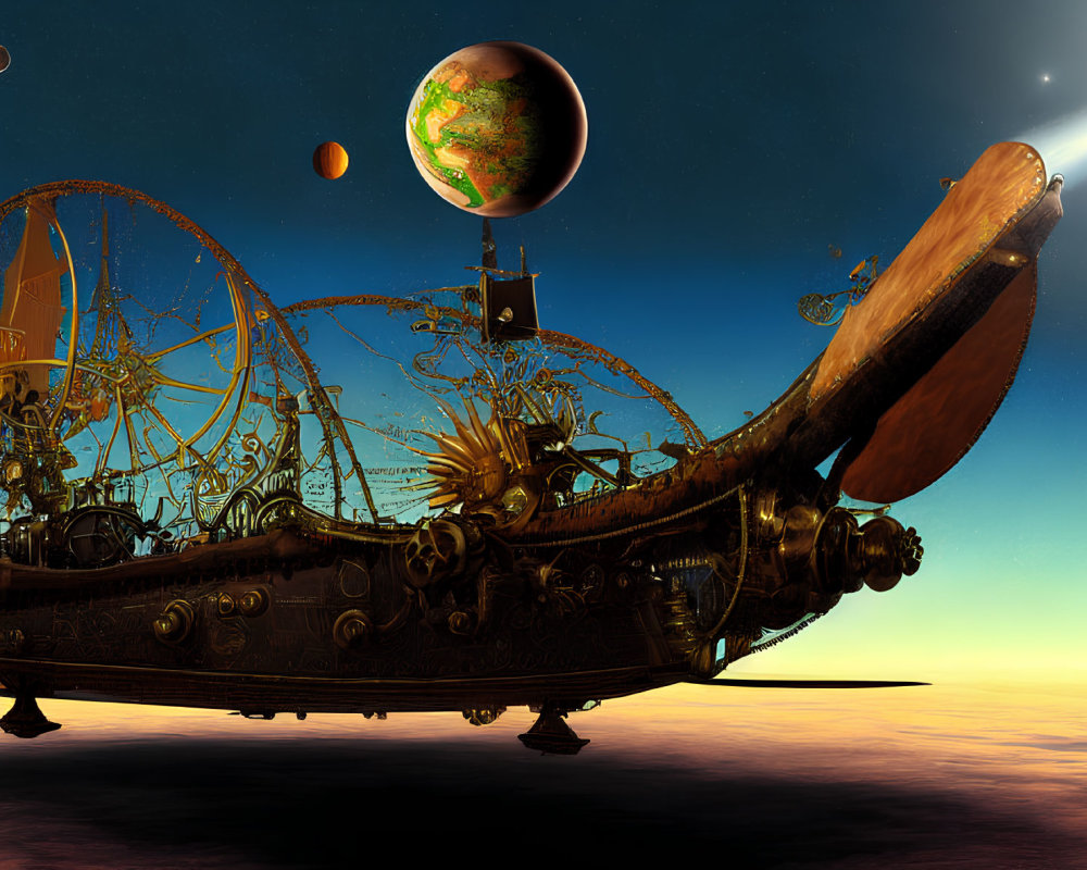 Steampunk airship over sunset horizon with planets and moons