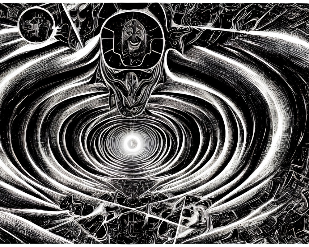 Monochrome abstract image with central vortex and symbolic details.