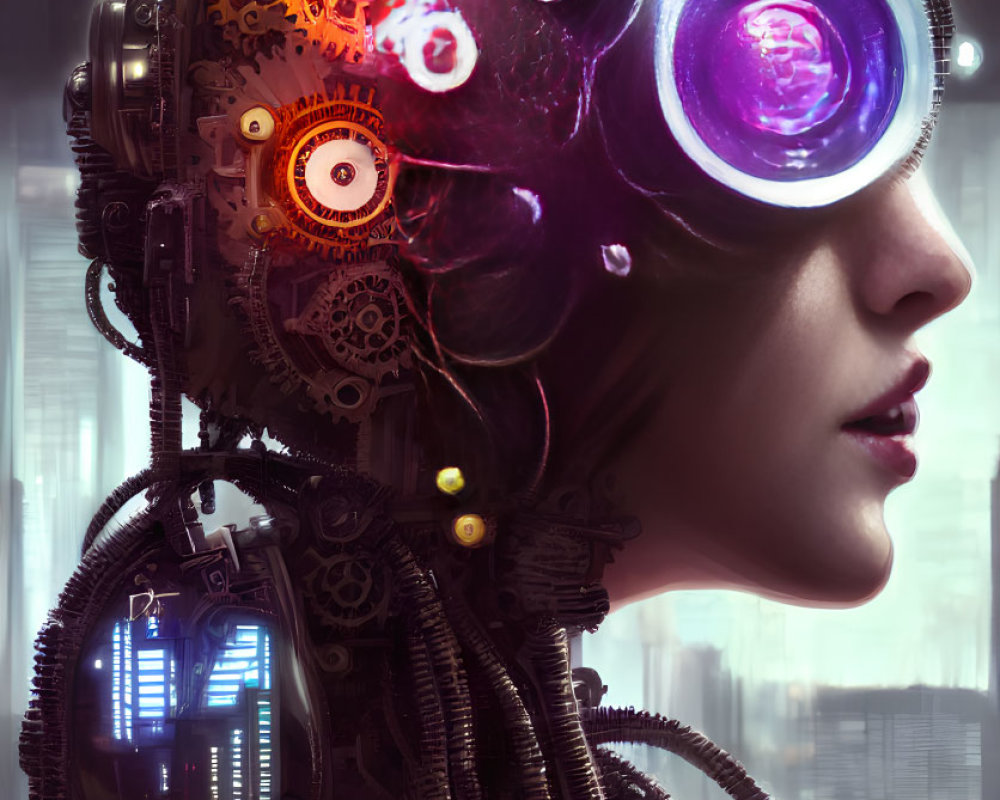 Detailed portrait of a cyborg with visible mechanical parts and purple lens, set against a futuristic background