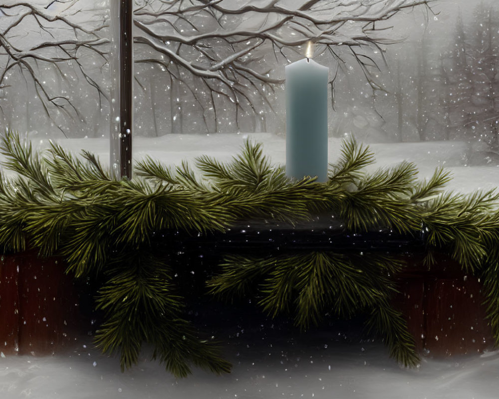 Blue Candle on Wooden Mantle with Winter Scene