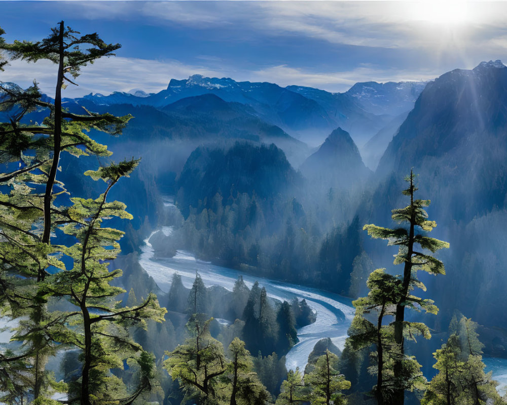 Sunlit mountainous landscape with winding river and evergreens.
