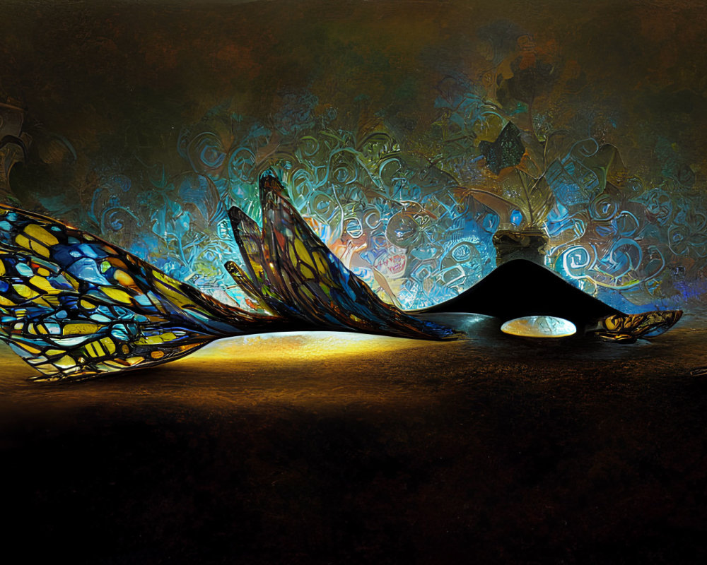 Butterfly wings in flight against textured background with glowing sphere