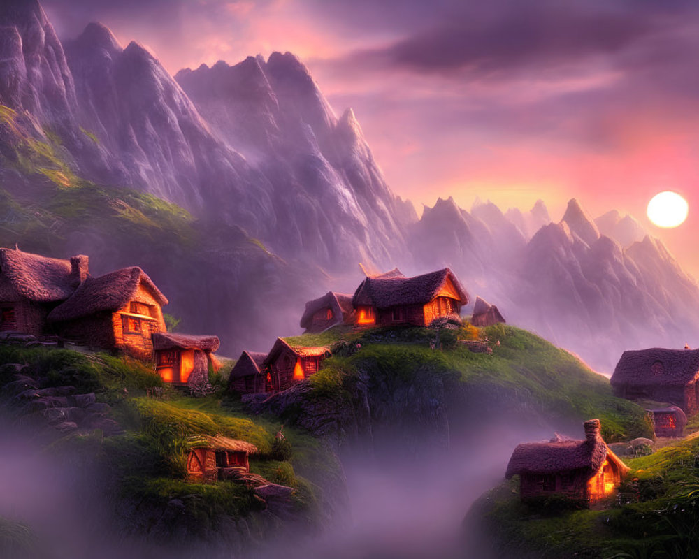 Fantasy landscape: Sunset, cozy cottages, misty hills, towering mountains