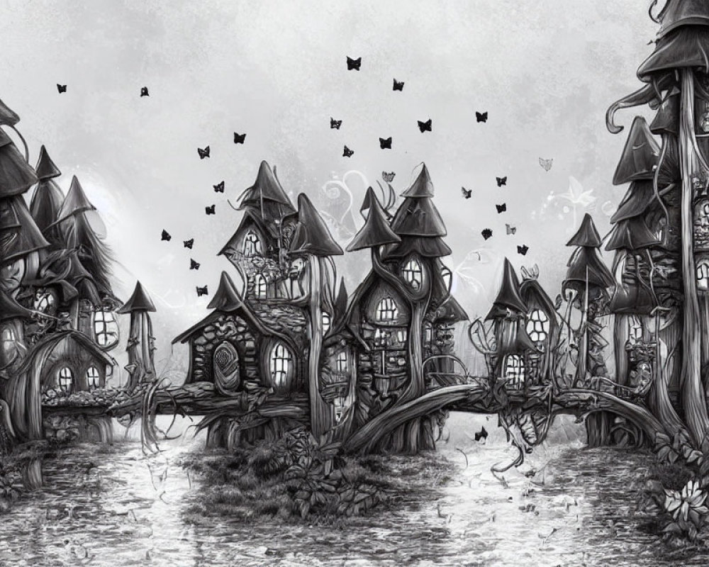 Monochrome fantasy illustration of twisted houses, bats, and barren trees