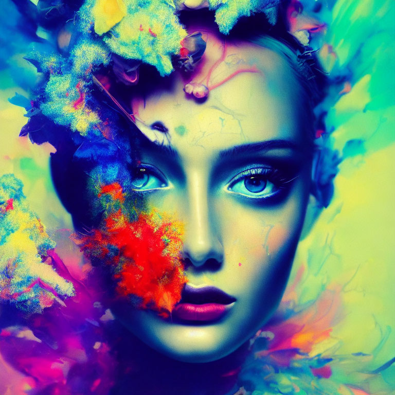 Colorful portrait of woman with paint splatters and flowers blending into face