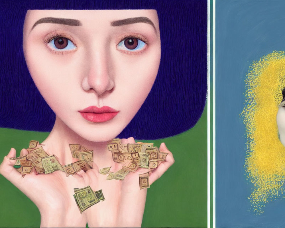 Split digital artwork: Woman with green currency and puzzle pieces, somber individual with yellow hair