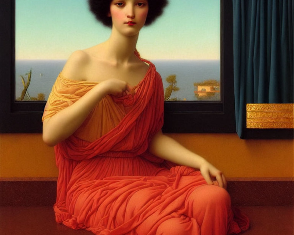 Portrait of Young Woman in Orange Gown by Window with Sea View