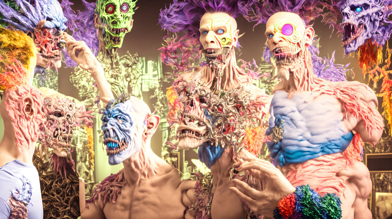 Colorful Monster Mask Characters with Golden Background