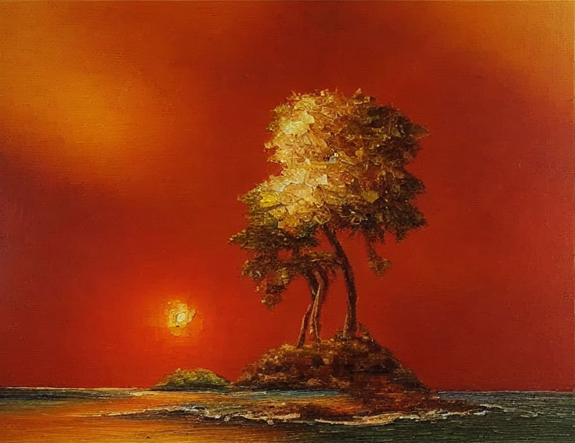 Lone island with trees under red-orange sky and reflective water