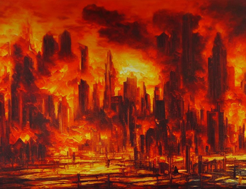 Dystopian cityscape painting with fiery sky and burnt skyscrapers