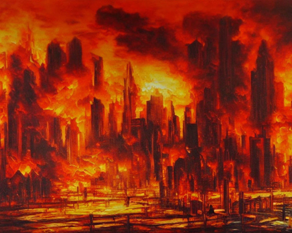 Dystopian cityscape painting with fiery sky and burnt skyscrapers