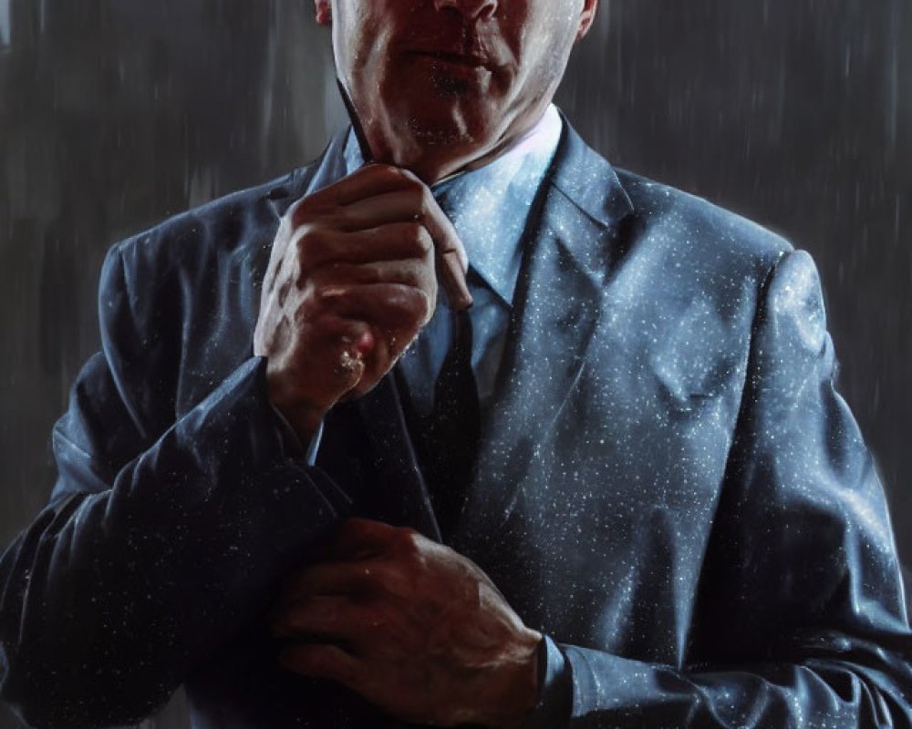 Businessman in suit standing in rain with cityscape background