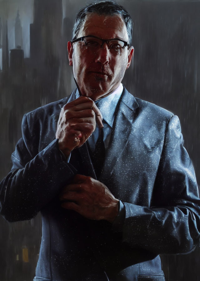 Businessman in suit standing in rain with cityscape background