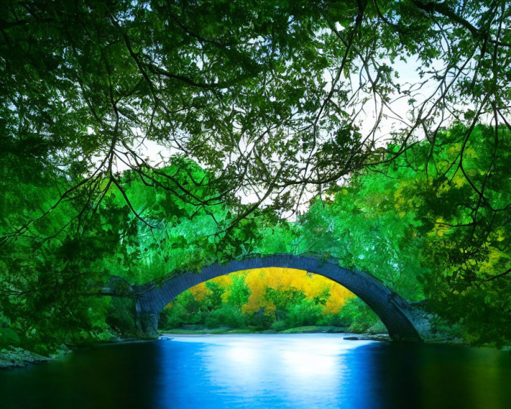Stone bridge over tranquil river with lush green foliage and autumn leaves.