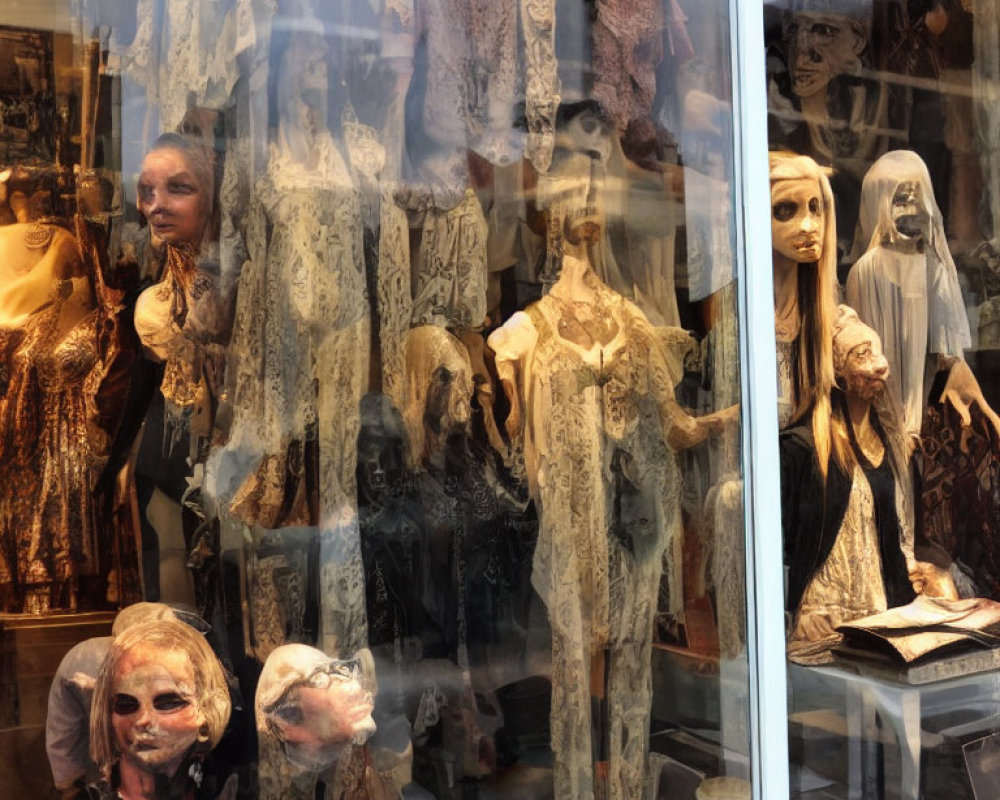 Eerie mannequins in vintage lace and ghostly attire with skulls and aged books.