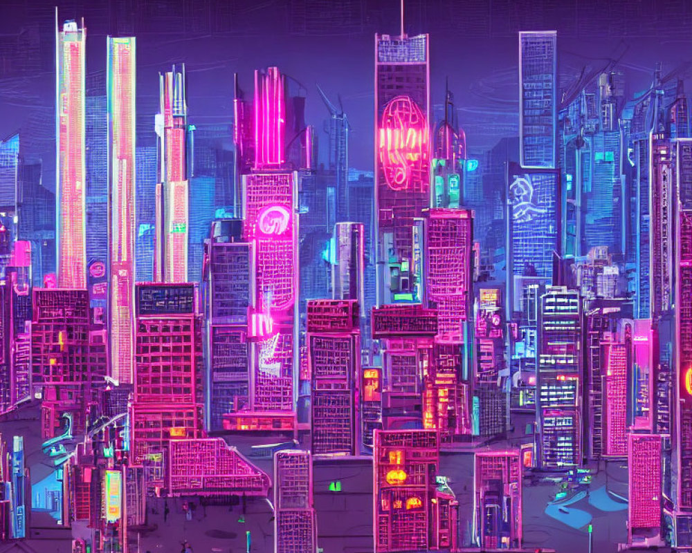 Neon-lit futuristic cityscape at night with skyscrapers