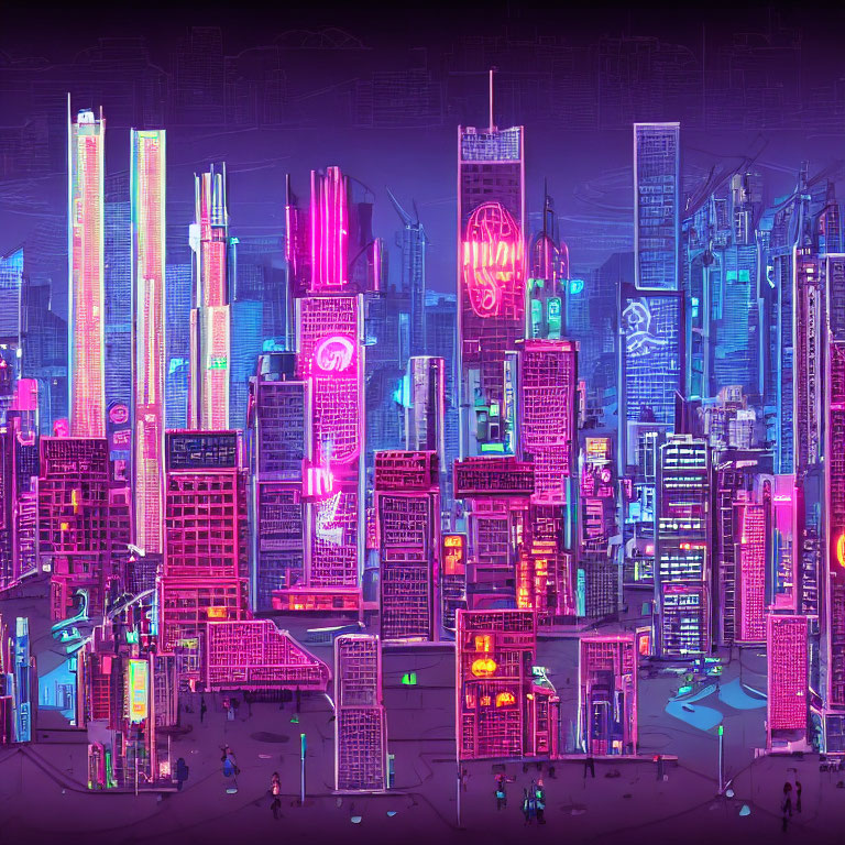 Neon-lit futuristic cityscape at night with skyscrapers