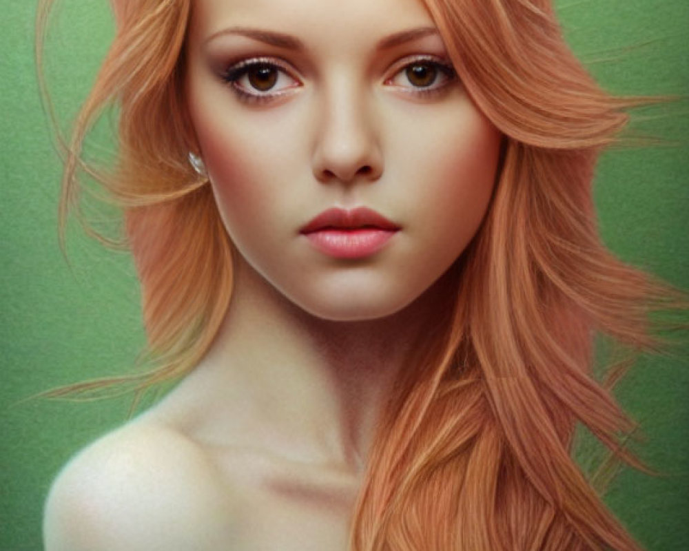 Portrait of woman with flowing strawberry blond hair, fair skin, green eyes on green background