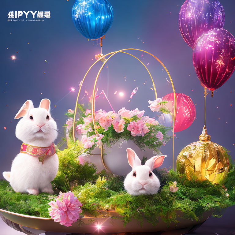 Rabbits with balloons and flowers in golden basket