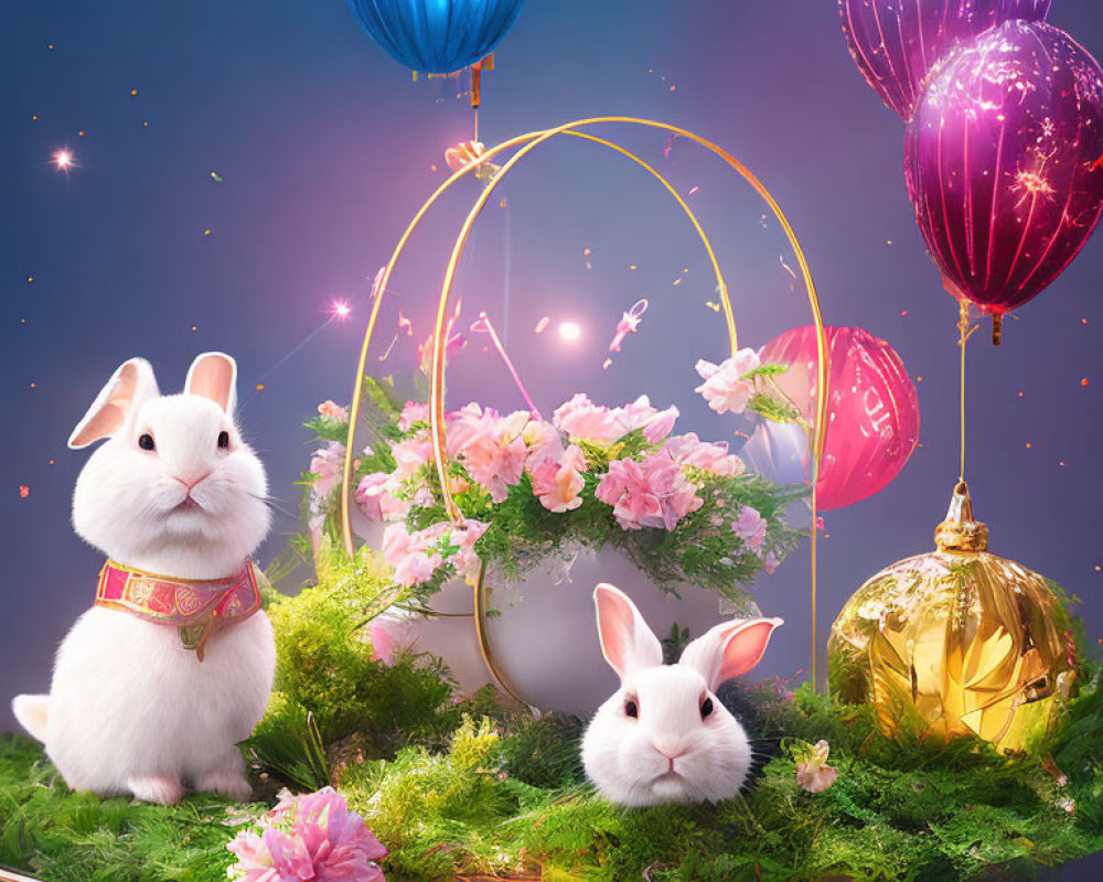 Rabbits with balloons and flowers in golden basket