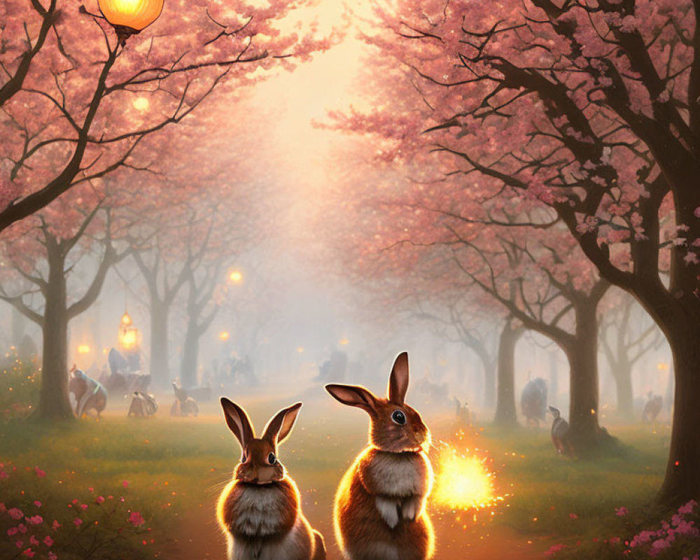 Rabbits under blooming cherry trees with glowing lanterns at dusk