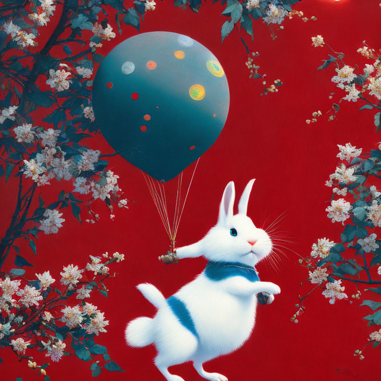 Whimsical white rabbit with planet balloon on red background