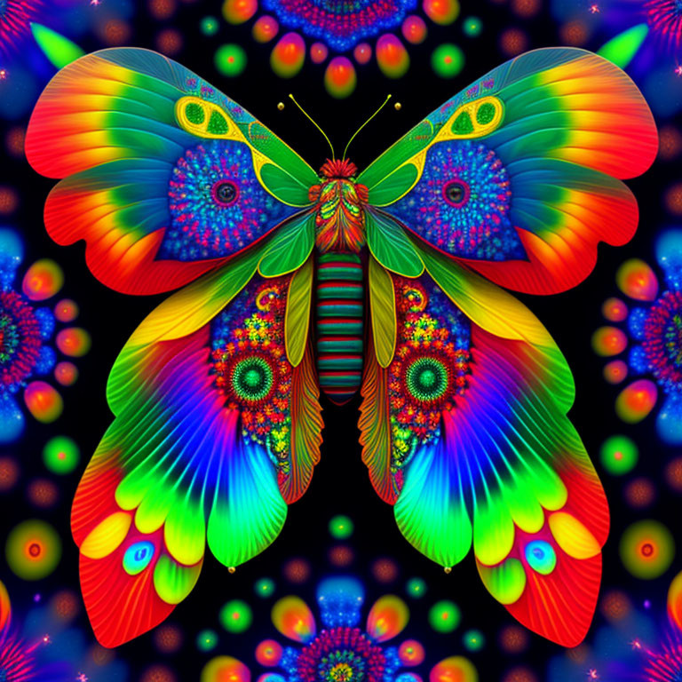 Colorful Butterfly Artwork with Psychedelic Patterns and Bright Colors